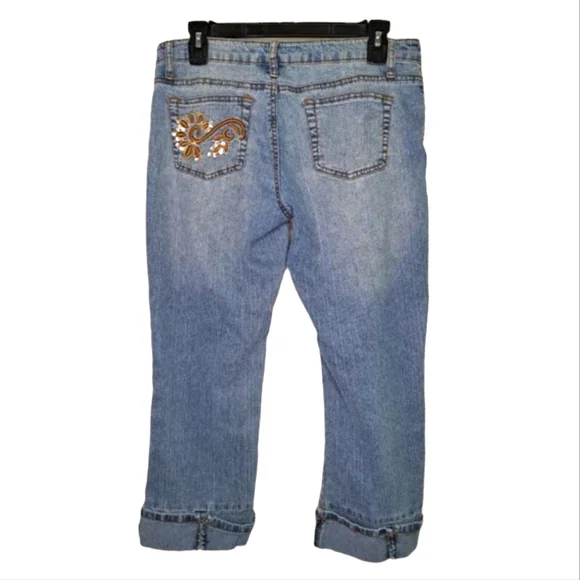 Apollo Jeans Denim Roll Cuffed Embroidered Capris Size 9/10 - Picture 3 of 8